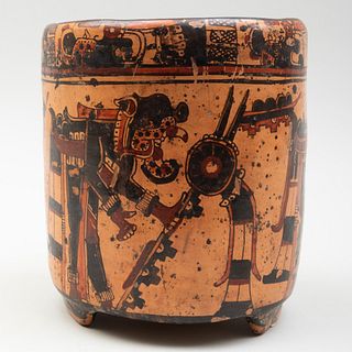 Mayan Polychrome Pottery Tripod Cylindrical Vessel 