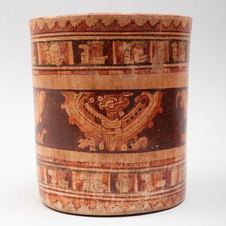 Mayan Polychrome Pottery Cylindrical Vessel 