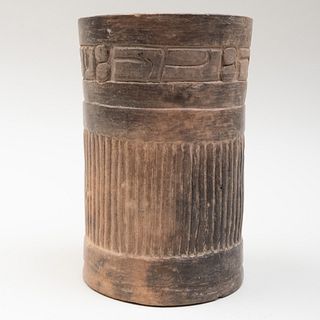 Mayan Carved Grayware Cylindrical Vase