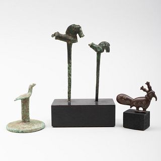 Anatolian Bronze Stamp with Bird Finial, Two Luristan Bronze Horse Pins, and an Early Islamic Bronze Bird Ornament