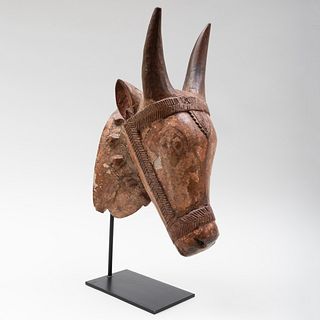 Indian Painted and Carved Hardwood Nandi Head