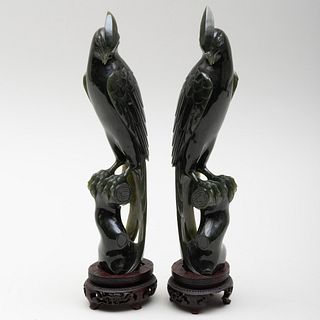 Pair of Chinese Spinach Green Jade Models of Birds