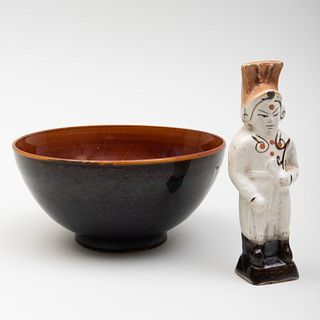Chinese Pottery Figural Whistle and a Brown Glazed Bowl