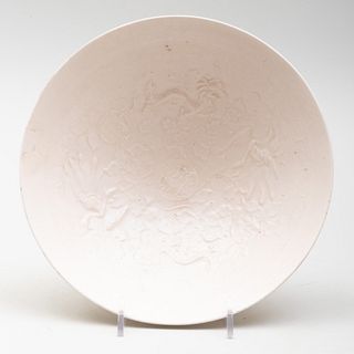 Chinese White Glazed Porcelain Bowl Molded with Dragons and Phoenix
