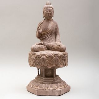 Chinese Carved Sandstone Enthroned Buddha