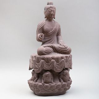 Chinese Carve Sandstone Enthroned Buddha