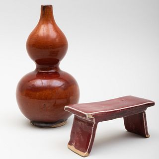 Chinese Brown Gazed Porcelain Double Gourd Vase and an Copper Red Model of Altar Table