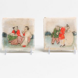 Pair of Chinese Painted Marble Decorated with Children Playing and Mountain Landscapes