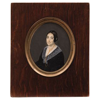 RETRATO DE DAMA. MÉXICO, SIGLO XIX.  Gouache sobre lámina de marfil Firmado "Anoricux" y fechado "1861. 9 x 7.5 cm.