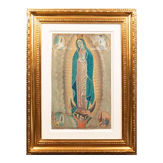 Anónimo. Virgen de Guadalupe con apariciones. Óleo sobre lámina de zinc Enmarcado. 51.5 x 32 cm