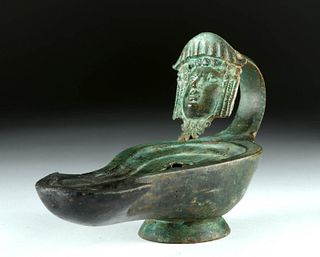 Roman Bronze Oil Lamp, Theater Mask on Handle