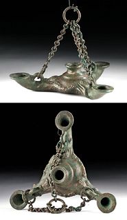 Late Roman / Byzantine Bronze Three-Spouted Oil Lamp
