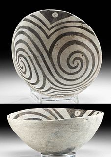 Anasazi Black-on-White Pottery Bowl w/ Spiral Motifs