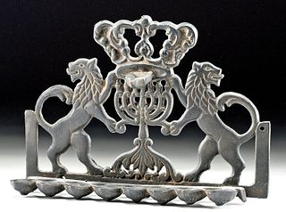 Antique European Brass Menorah w/ Lions of Judah