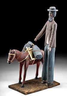 Early 20th C. USA Folk Art Carving Man with Pony