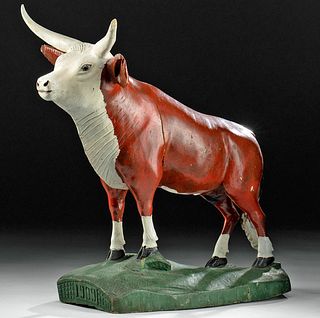Latin American Painted Wood Bull Statue, ca. 1909