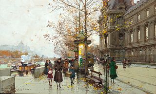 Eugene Galien-Laloue (Fr. 1854-1941)     -  Autumn Street Scene   -   Gouache on paper, framed under glass