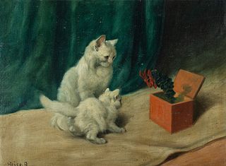 Arthur Heyer (Hungarian 1872-1931)     -  Cats and the Jack in the box   -   Oil on canvas board