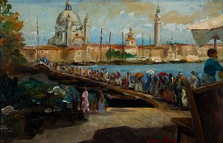 Italico Brass (It. 1870-1943)     -  Venice Harborside   -   Oil on Canvas<R>