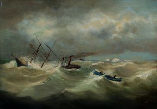 J. Newman (Am. 19th Century)     -  Shipwreck off the Coast, c. 1870   -   Oil on canvas
