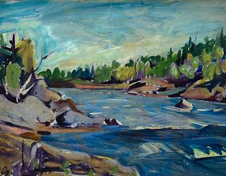 Carl Sprinchorn (Am. 1887-1971)     -  "Looking Down Whetstone Falls" 1944   -   Oil on wood