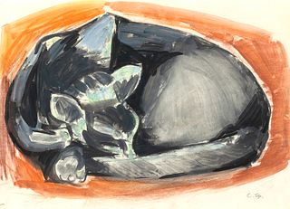 Carl Sprinchorn (Am. 1887-1971)     -  Sleeping Cat, c. 1955   -   Gouache and charcoal on paper
