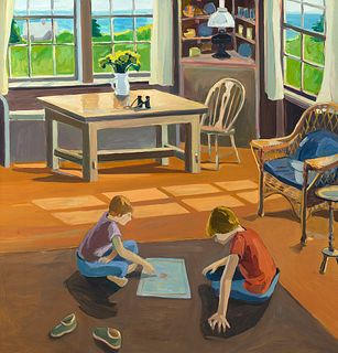 Elena Jahn (Am. 1938-2014)     -  Playing Monopoly-Monhegan, Maine 1974   -   Oil on canvas