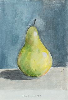 Robert Kulicke (Am. 1924-2007)     -  Green Pear Still Life, 1957   -   Watercolor on paper, framed under glass