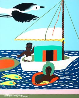 Amos Ferguson (Bahamian 1920-2009)     -  Man in Sailboat, Woman Fishing   -   Enamel on cardboard laid to foamcore, framed