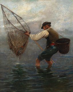 August Hagborg (Swedish 1852-1921)     -  Fisherman with Net   -   Oil on canvas, lined