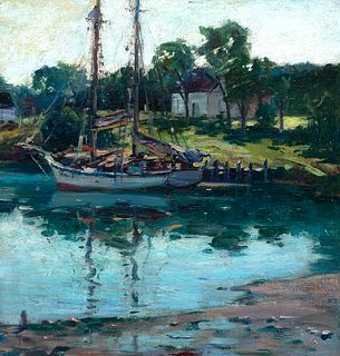 Cape Ann School    -  Docked Sailboat   -   Oil on canvas