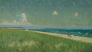 Richard Langtry Partington (Am. 1868-1929)     -  Beach Scene with Figures   -   Oil on canvas laid to panel