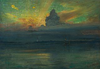 Richard Langtry Partington (Am. 1868-1929)     -  Seascape with lighthouse, 1901   -   Oil on canvas laid to panel