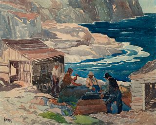 George Pearse Ennis (Am. 1884-1936)     -  "Mending Boats"   -   Watercolor on paper, framed under UV plexiglass