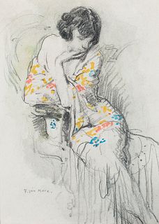 Francis Luis Mora (Am. 1874-1940)     -  Woman with Robe   -   Graphite and watercolor on paper, framed under glass