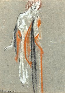 Arthur Bowen Davies (Am. 1862-1928)     -  Female Study   -   Chalk on colored paper, framed under glass