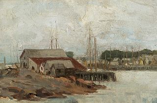 Charles Herbert Woodbury (Am. 1864-1940)     -  "Docks - Grey Day"   -   Oil on canvas