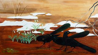 Dahlov Ipcar (Am. 1917-2017)     -  "Snow Drops and Grackles"   -   Oil on canvas