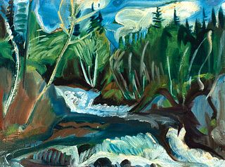 Carl Sprinchorn (Am. 1887-1971)     -  "Upper Shin Brook Falls-Maine Woods"   -   Oil on artist board