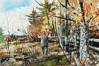 Chet Reneson (Am. b. 1934)     -  Pheasant Hunting, 1977   -   Watercolor on paper, framed under glass