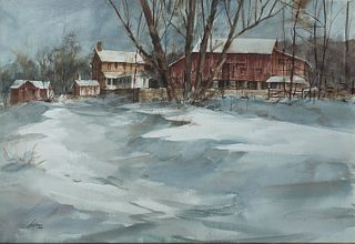 Betty-Lou Schlemm (Am. b. 1934)     -  Winter Farm Scene   -   Watercolor on very thick paper