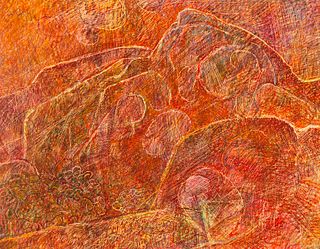 Irving B. Haynes (Am. 1927-2005)     -  Orange and Red Abstract Landscape (Possibly Katadhin) 1971   -   Pastel on paper, framed under glass