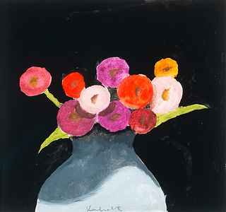 Robert Kulicke (Am. 1924-2007)     -  Red, Purple Flower Still Life   -   Gouache on paper, framed under glass