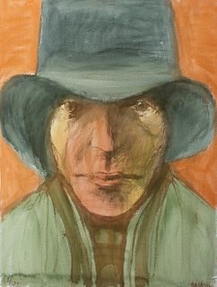 Leonard Baskin (Am. 1922-2000)     -  "Portrait of an Optimistic Artist" 1990   -   Watercolor on thick paper, framed under glass