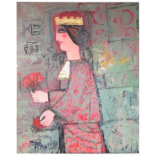 Nasser Ovissi, 'Iranian, Born 1934' "Queen Atosa" Gold Oil on Canvas Painting2000