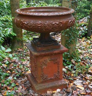 Large English Victorian terra cotta urn on original pedestal - Courtesy of Finnegan Gallery, Illinois