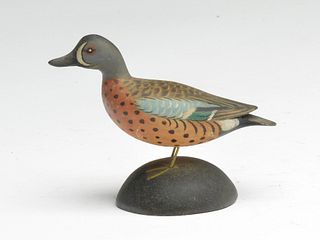 Miniature bluewing teal on carved rock base, Elmer Crowell, East Harwich, Massachusetts.
