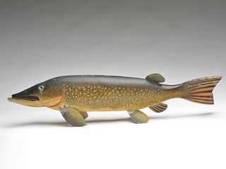 Outstanding full size carved in the round northern pike trade sign, Oscar Peterson, Cadillac, Michigan, 1st quarter 20th century.