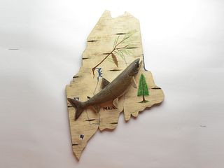 Very rare landlocked salmon on State of Maine carved plaque, Lawrence Irvine, Winthrop, Maine.