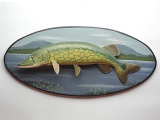 Chain pickerel on painted plaque, Paul Mailman, Lowell, Maine.